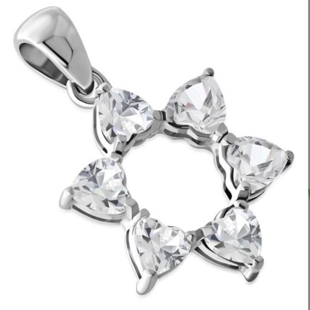 Pendant: Heart Shape Clear CZ Star of David Silver Pendant